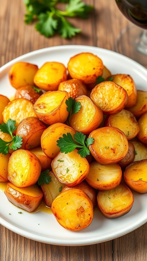 Crispy Roasted Potatoes Recipe Crispy roasted potatoes garnished with parsley on a white plate on a wooden table.